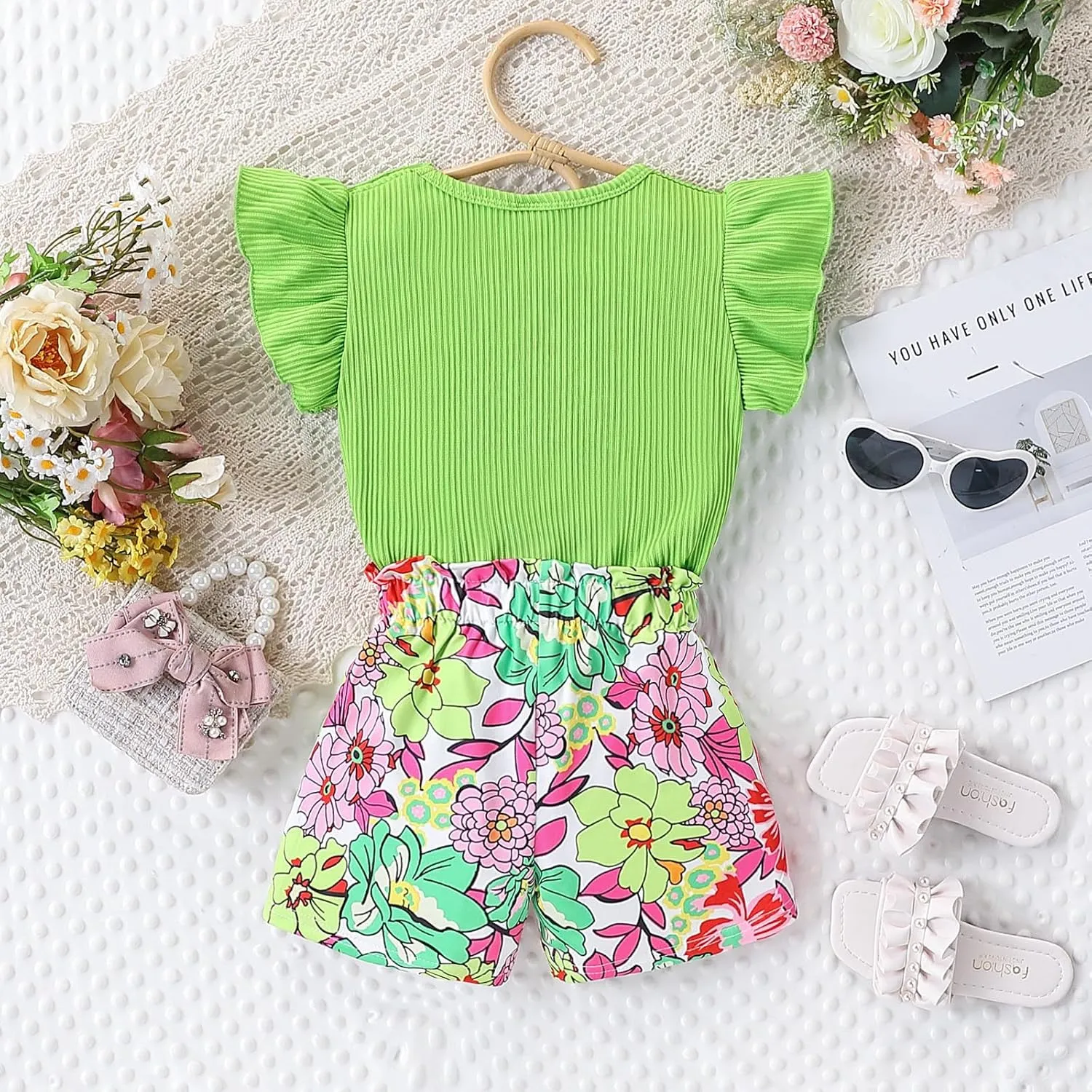 3-8 T Toddler Girls Clothing Set Ruffle Sleeve Bow Tie Top   Floral Shorts Set