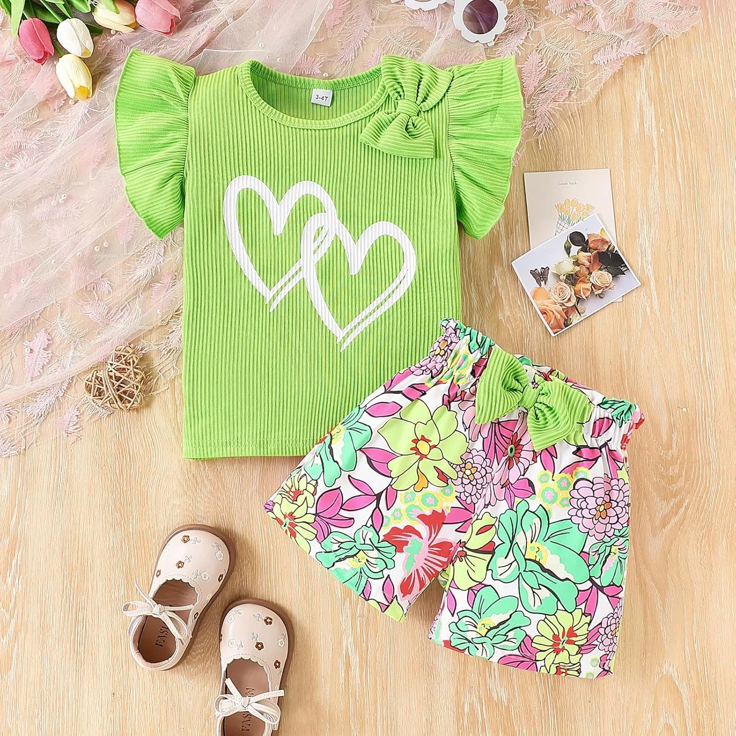 3-8 T Toddler Girls Clothing Set Ruffle Sleeve Bow Tie Top   Floral Shorts Set