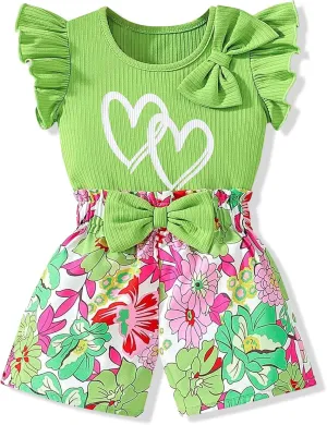3-8 T Toddler Girls Clothing Set Ruffle Sleeve Bow Tie Top   Floral Shorts Set