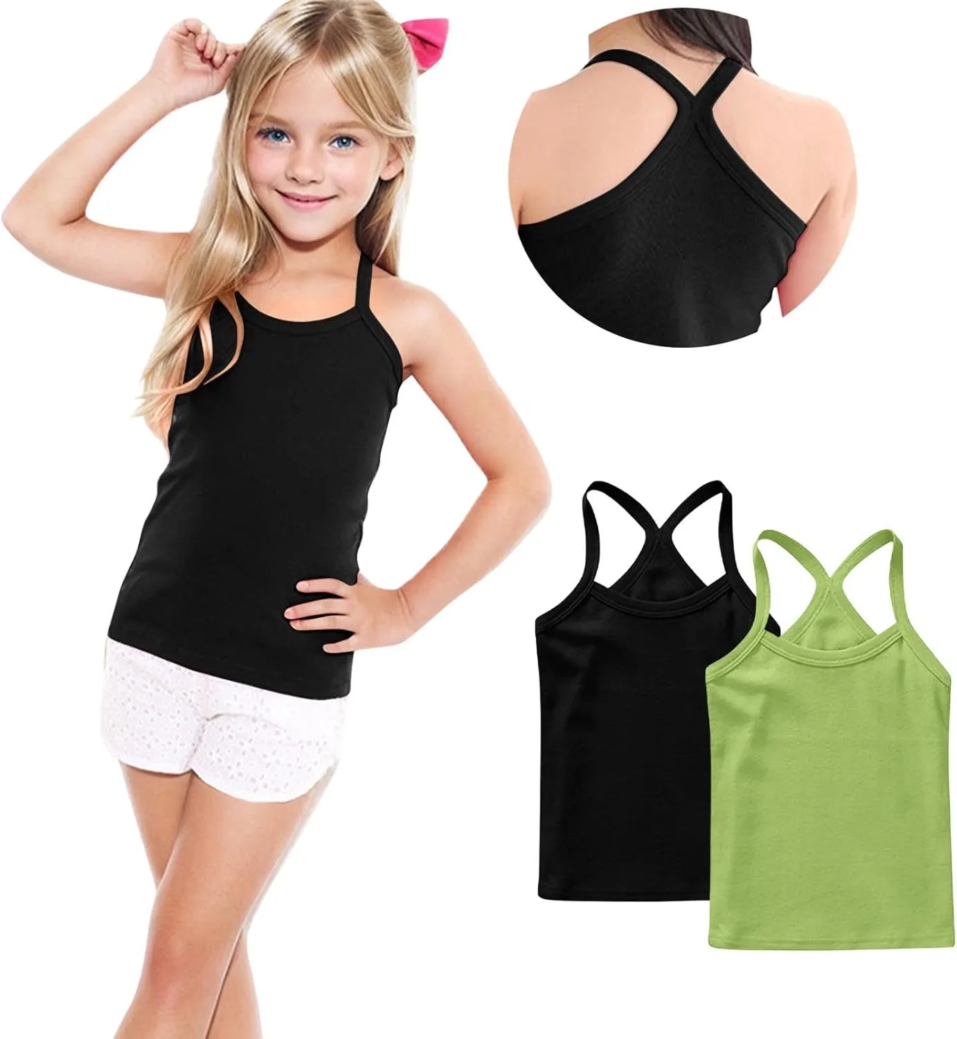 3-Pack Girls Basic Solid Racerback Camisole Tank Tops Spaghetti Strap Camis Undershirts for 1-13 Years