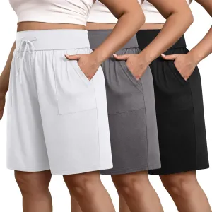 3 Pack Women's Plus Size Bermuda Shorts Cotton Long Yoga Short with Pockets High Waisted Drawstring Athletic Bottom