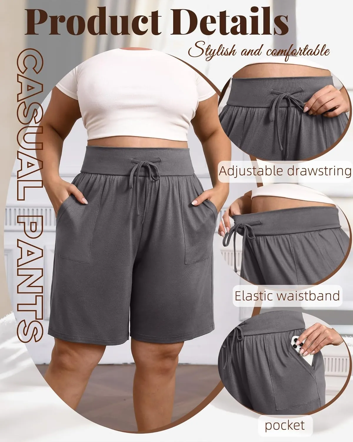3 Pack Women's Plus Size Bermuda Shorts Cotton Long Yoga Short with Pockets High Waisted Drawstring Athletic Bottom