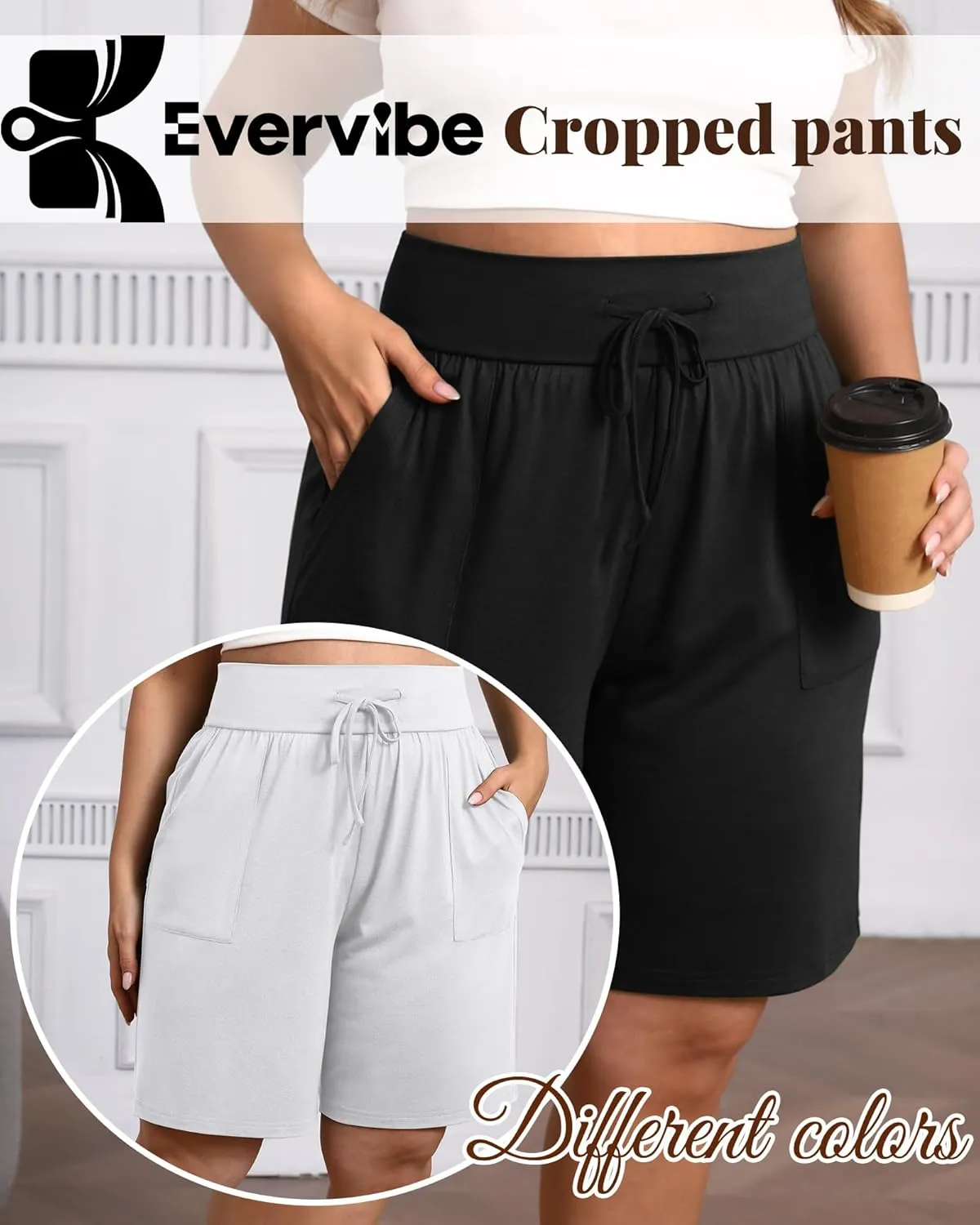 3 Pack Women's Plus Size Bermuda Shorts Cotton Long Yoga Short with Pockets High Waisted Drawstring Athletic Bottom