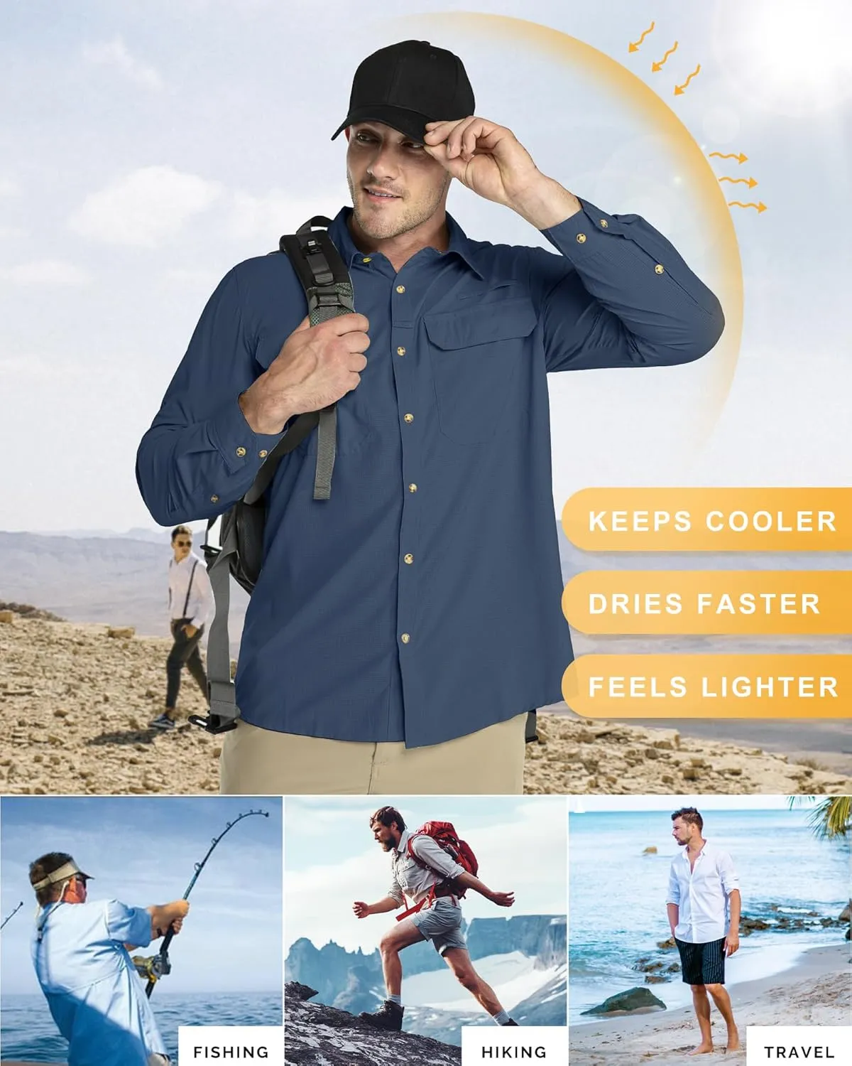 33,000ft Men's Long Sleeve Sun Protection Shirt UPF 50  UV Quick Dry Cooling Fishing Shirts for Travel Safari Camping Hiking