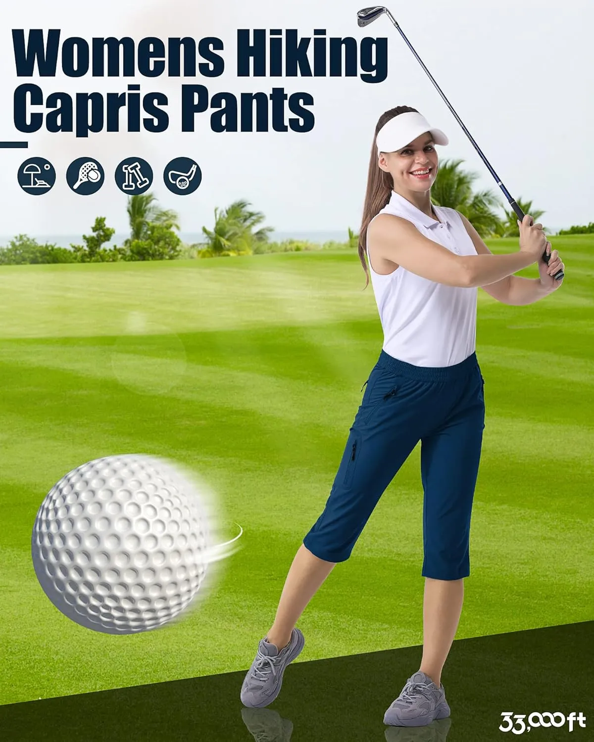 33,000ft Women's Capri Golf Pants Casual Quick Dry UPF 50  Lightweight Stretch Cargo Hiking Pants with Pockets
