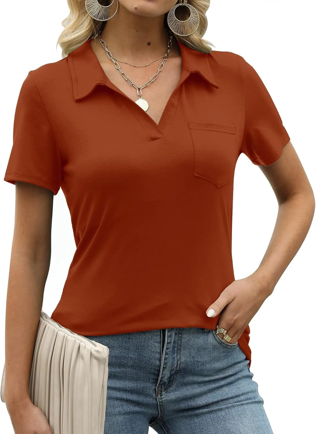 AKEWEI Womens V Neck Polo Shirts Short Sleeve Collared Tops Loose Casual Tunic Blouses with Pocket