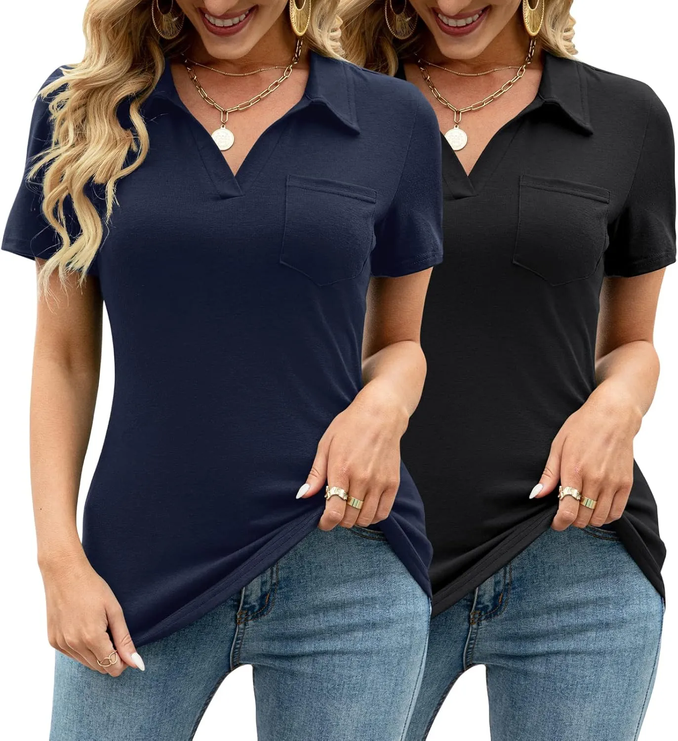 AKEWEI Womens V Neck Polo Shirts Short Sleeve Collared Tops Loose Casual Tunic Blouses with Pocket