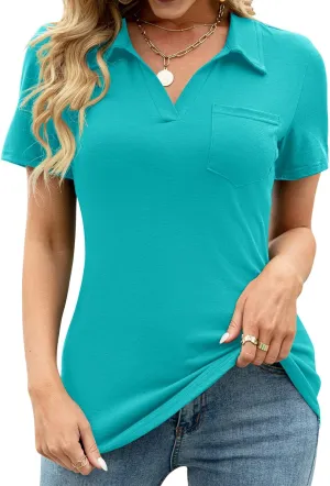 AKEWEI Womens V Neck Polo Shirts Short Sleeve Collared Tops Loose Casual Tunic Blouses with Pocket