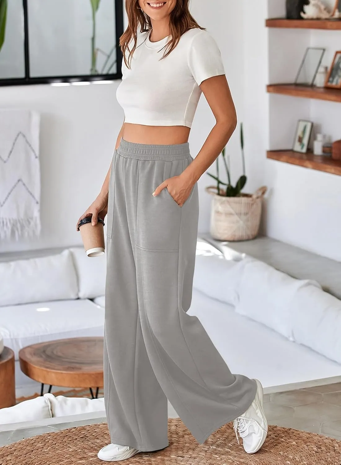 Aleumdr Women's Wide Leg Sweatpants Elastic High Waisted Long Pants Casual Loose Yoga Pants with Pockets 2025