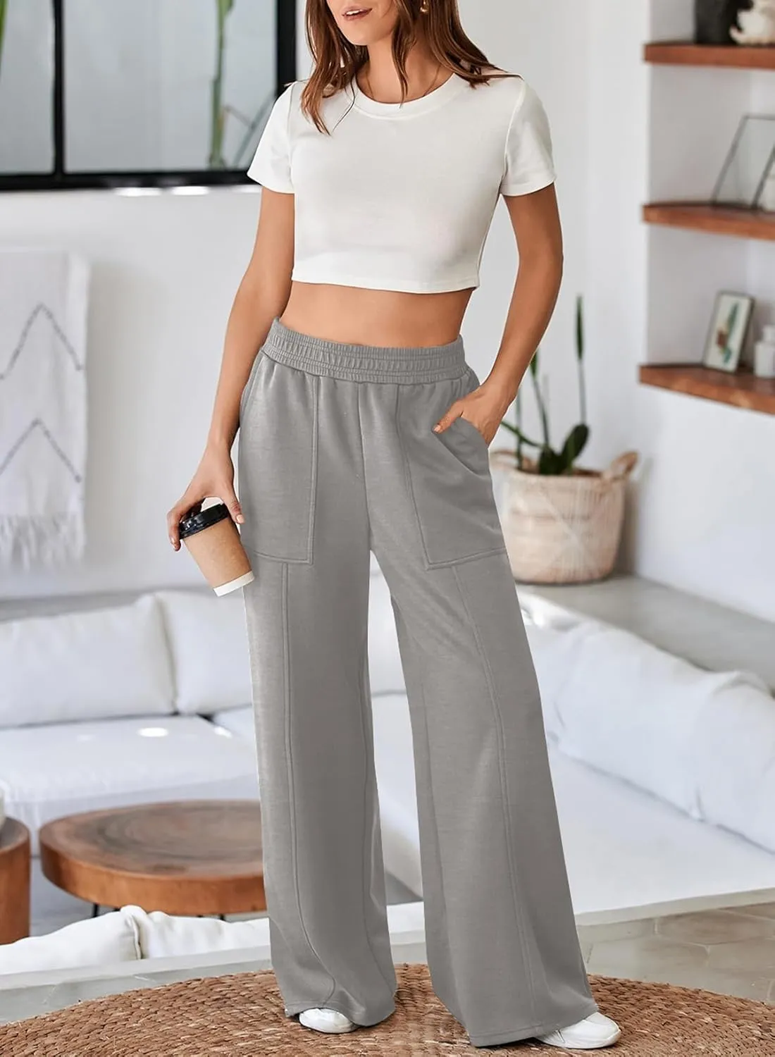 Aleumdr Women's Wide Leg Sweatpants Elastic High Waisted Long Pants Casual Loose Yoga Pants with Pockets 2025