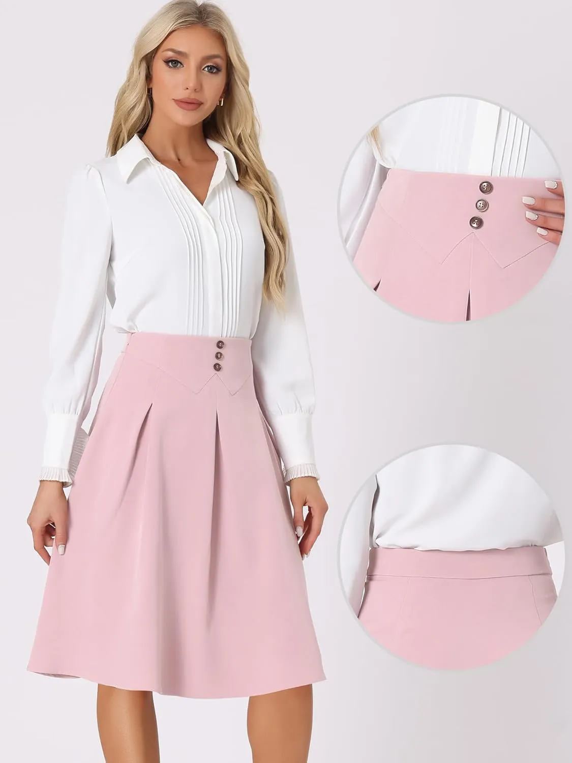 Allegra K Casual Office A-Line Skirt for Women's Button Decor High Waist Midi Flared Pleated Skirts