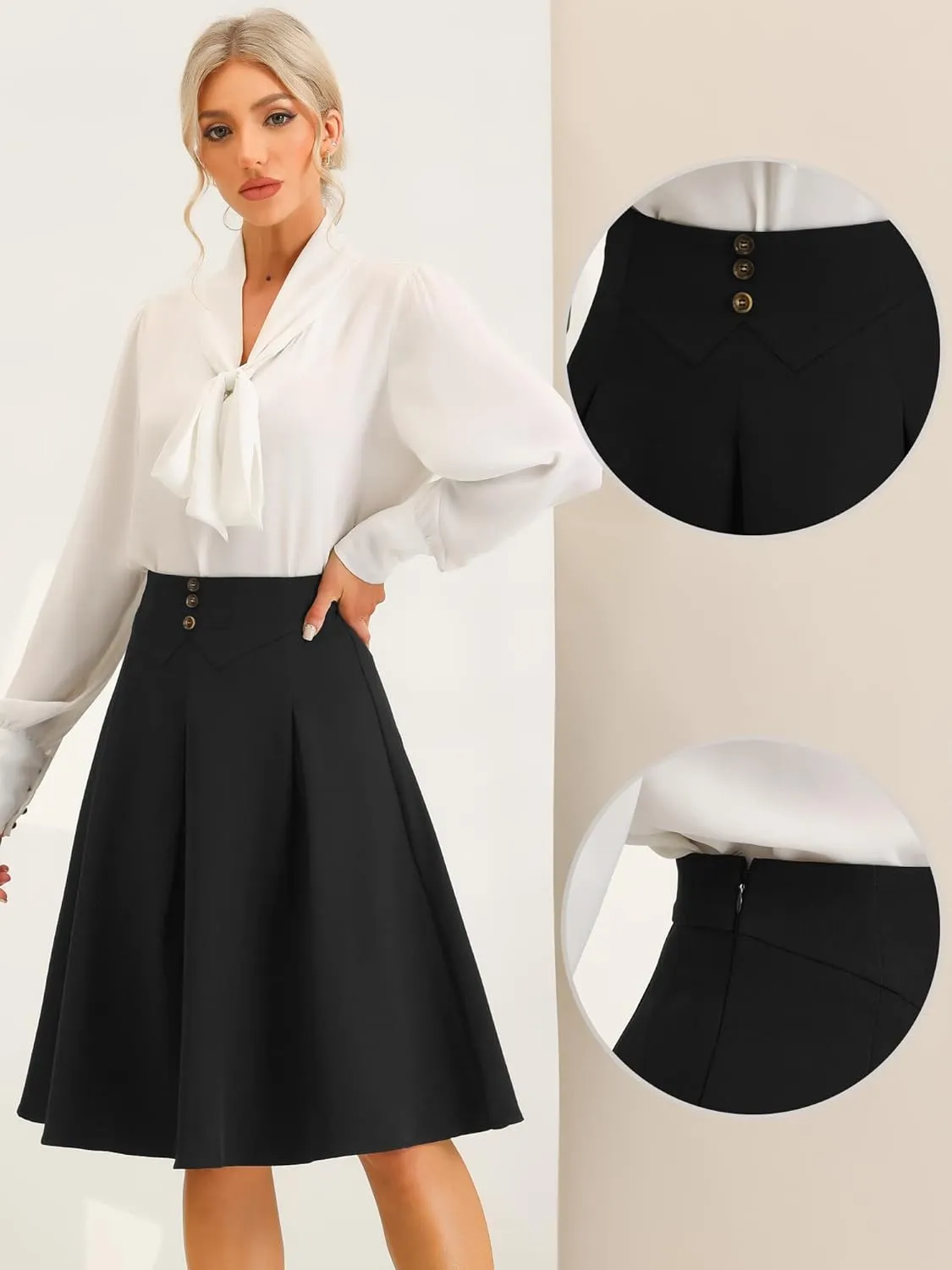 Allegra K Casual Office A-Line Skirt for Women's Button Decor High Waist Midi Flared Pleated Skirts