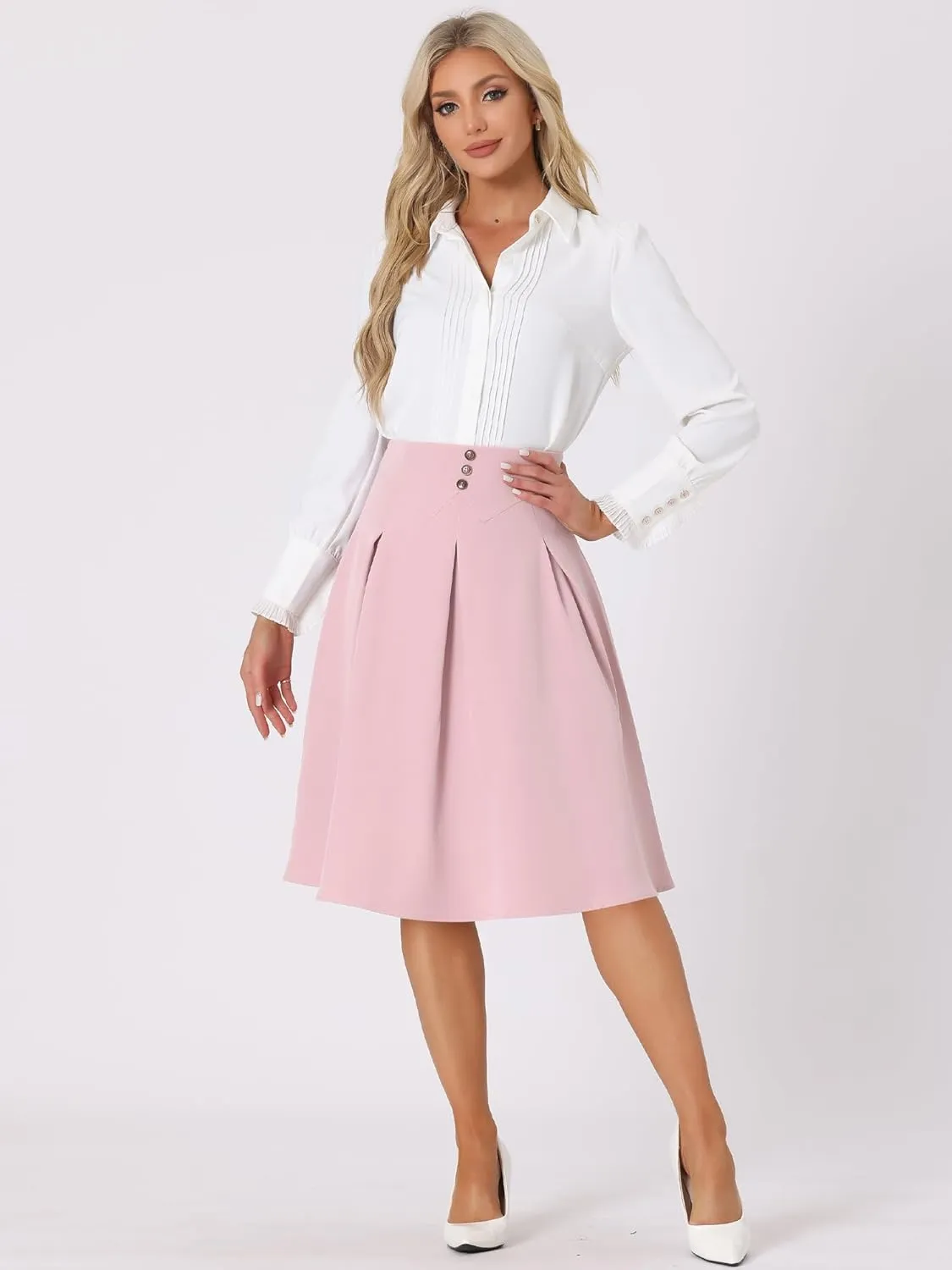 Allegra K Casual Office A-Line Skirt for Women's Button Decor High Waist Midi Flared Pleated Skirts