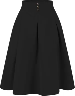 Allegra K Casual Office A-Line Skirt for Women's Button Decor High Waist Midi Flared Pleated Skirts