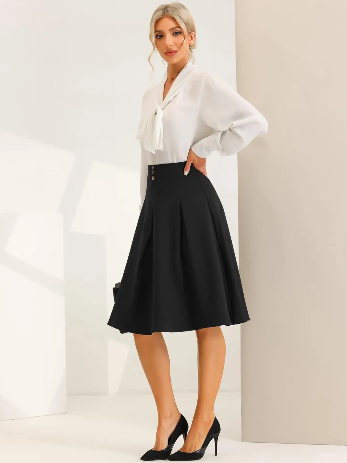 Allegra K Casual Office A-Line Skirt for Women's Button Decor High Waist Midi Flared Pleated Skirts