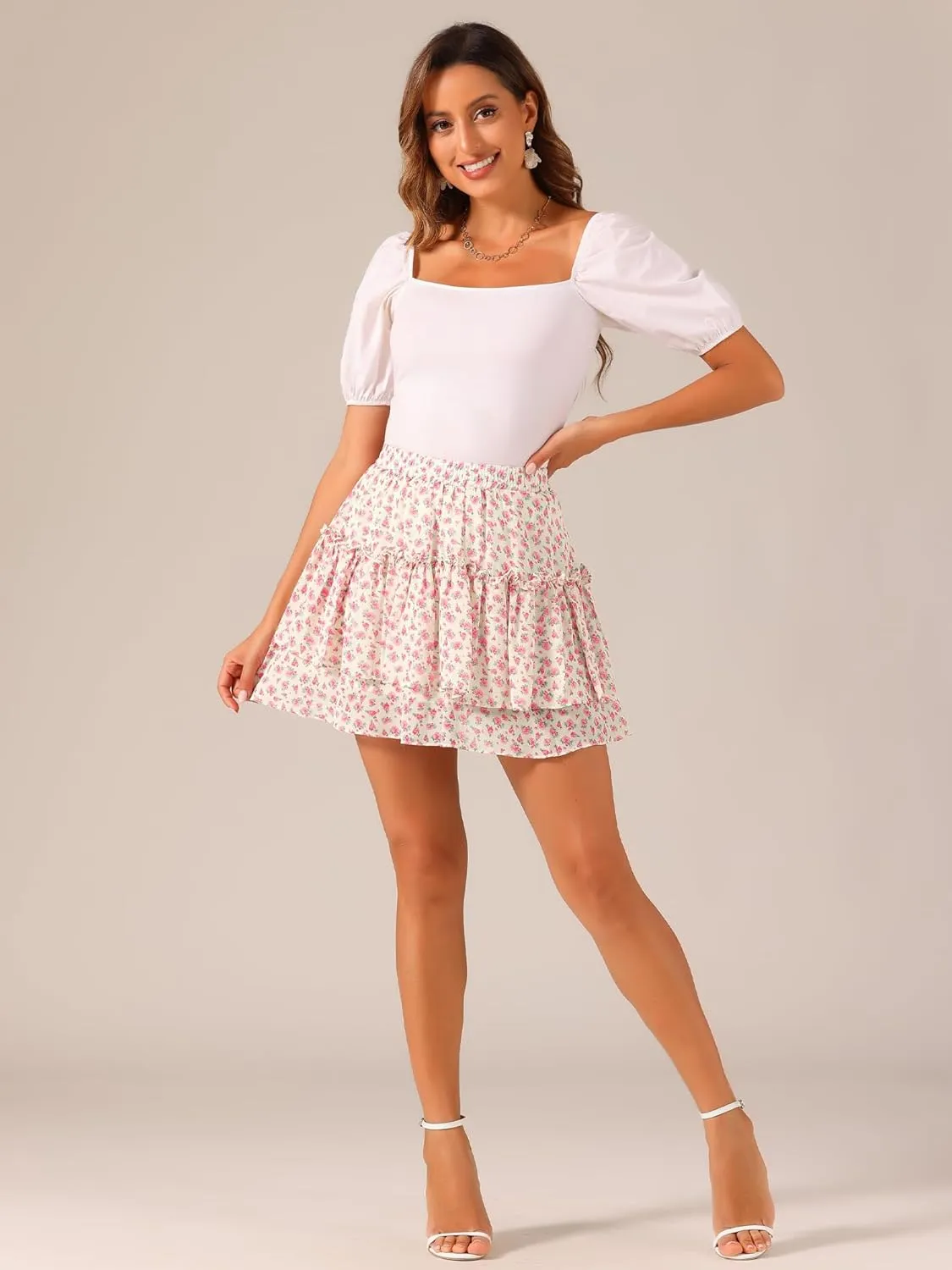 Allegra K Women's 2023 Floral Tiered Ruffle Skirts Cute Summer Flowy Chiffon Mini Skirt