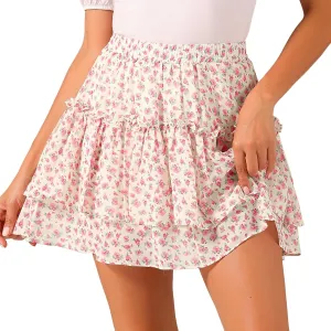 Allegra K Women's 2023 Floral Tiered Ruffle Skirts Cute Summer Flowy Chiffon Mini Skirt