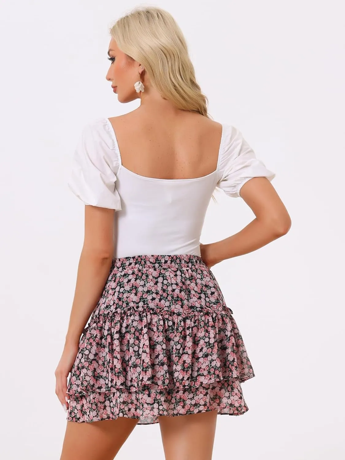 Allegra K Women's 2023 Floral Tiered Ruffle Skirts Cute Summer Flowy Chiffon Mini Skirt
