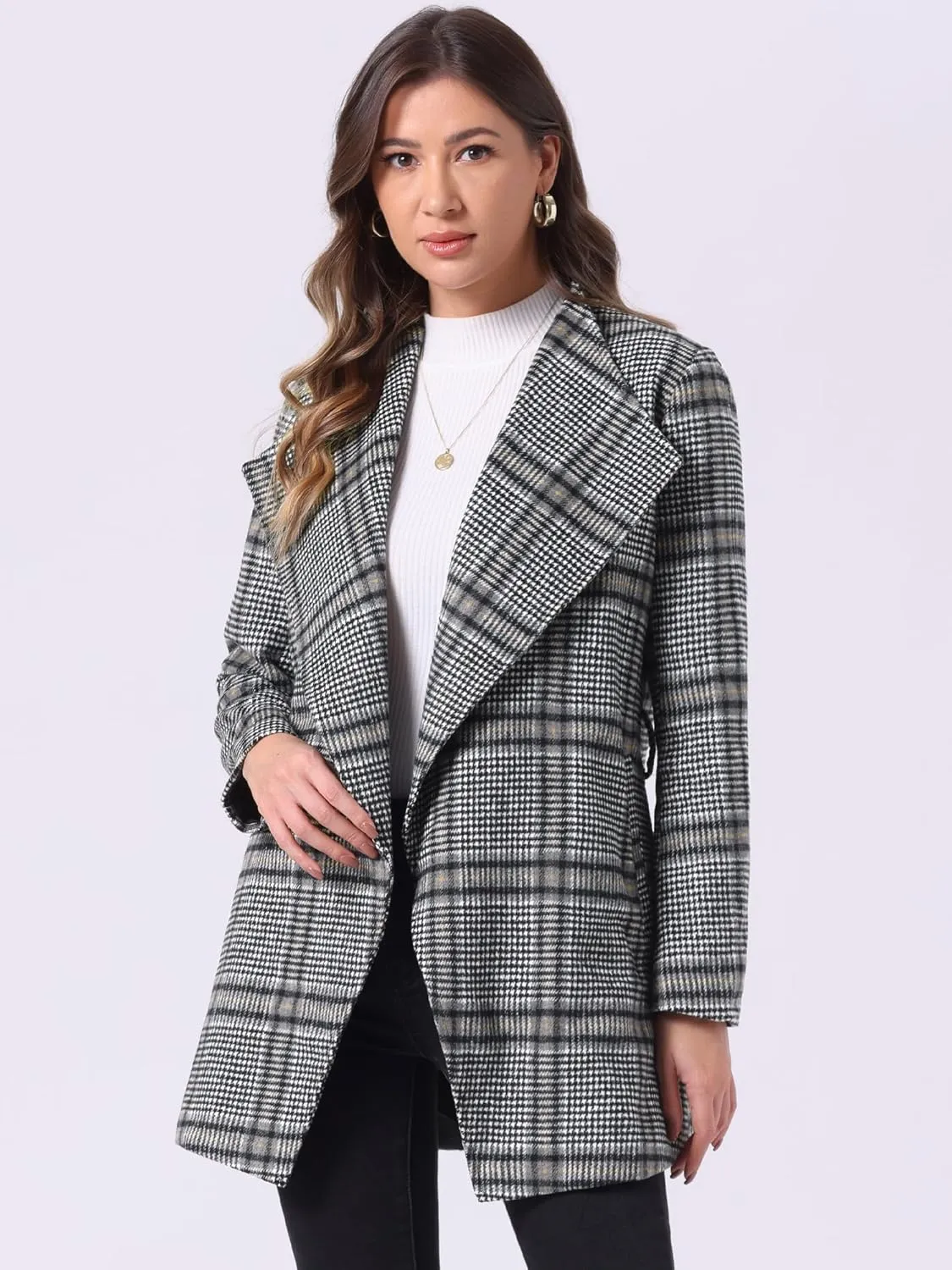 Allegra K Women's Plaid Belted Wrap Overcoat Shawl Collar Asymmetric Hem Fall Winter Coat