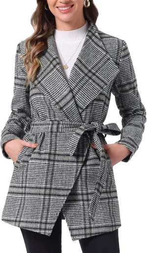Allegra K Women's Plaid Belted Wrap Overcoat Shawl Collar Asymmetric Hem Fall Winter Coat