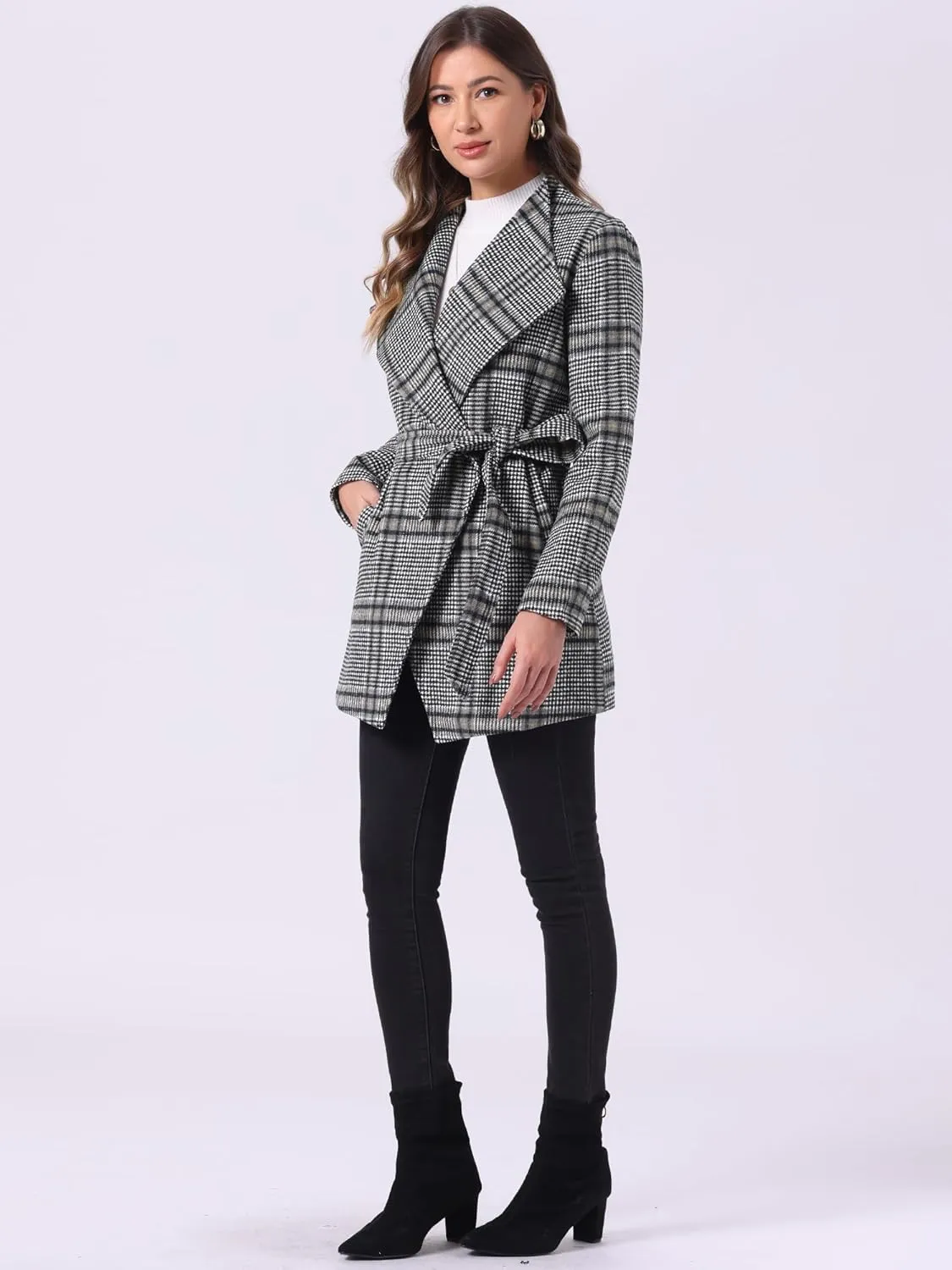 Allegra K Women's Plaid Belted Wrap Overcoat Shawl Collar Asymmetric Hem Fall Winter Coat