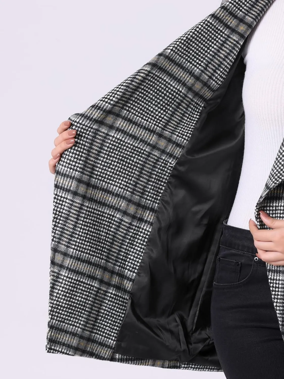 Allegra K Women's Plaid Belted Wrap Overcoat Shawl Collar Asymmetric Hem Fall Winter Coat