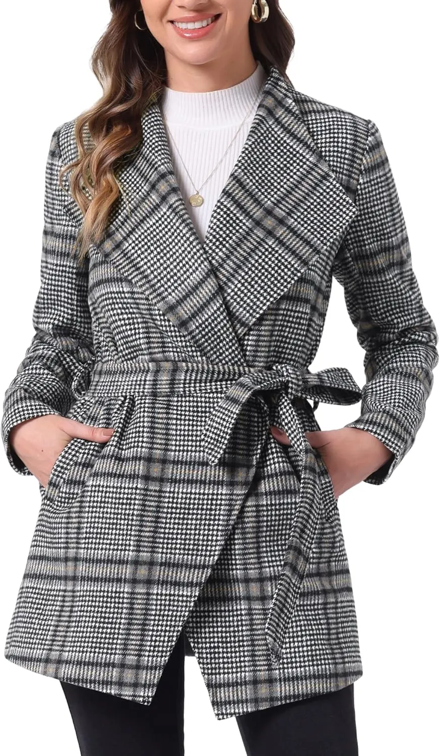Allegra K Women's Plaid Belted Wrap Overcoat Shawl Collar Asymmetric Hem Fall Winter Coat