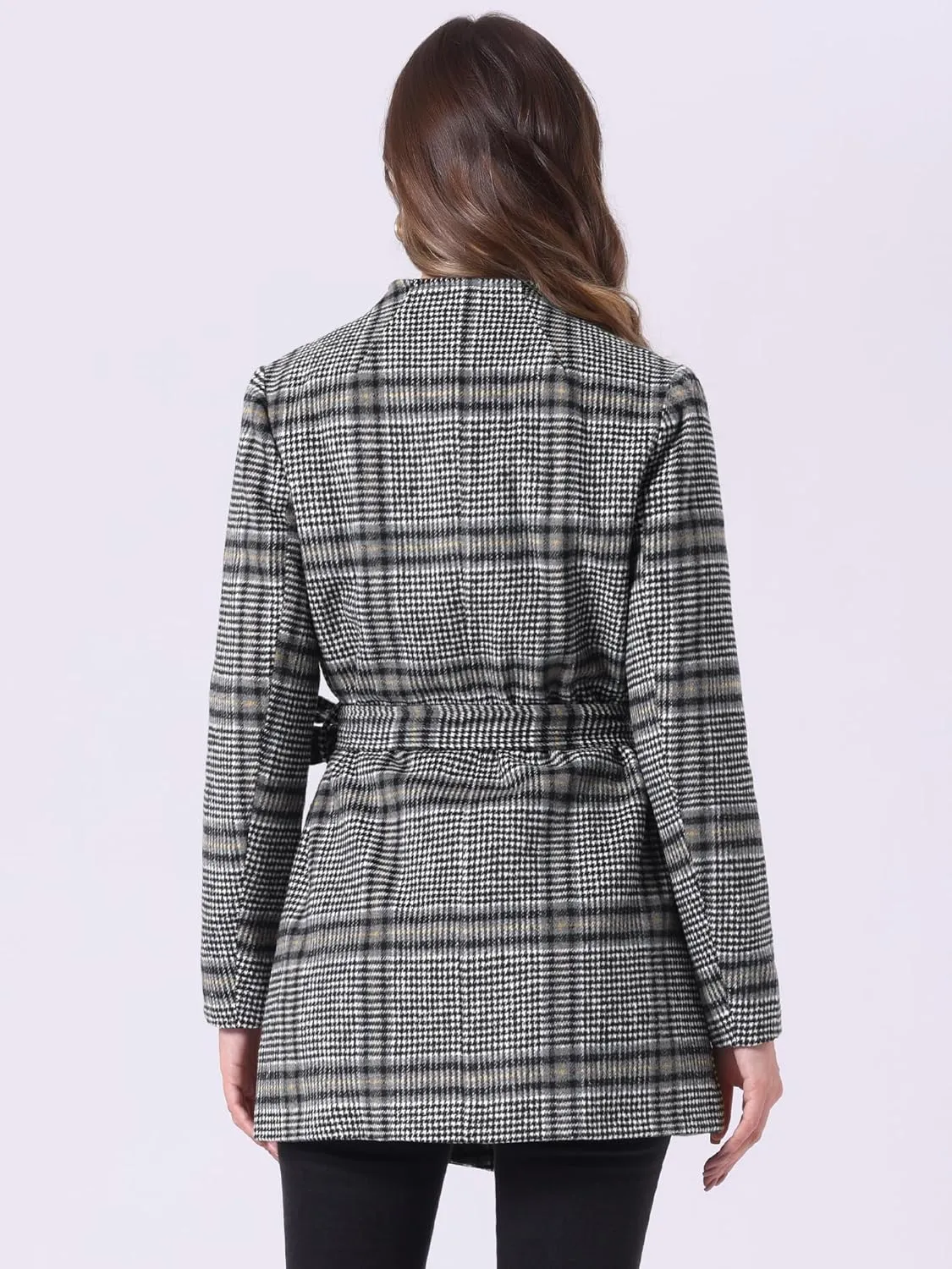 Allegra K Women's Plaid Belted Wrap Overcoat Shawl Collar Asymmetric Hem Fall Winter Coat