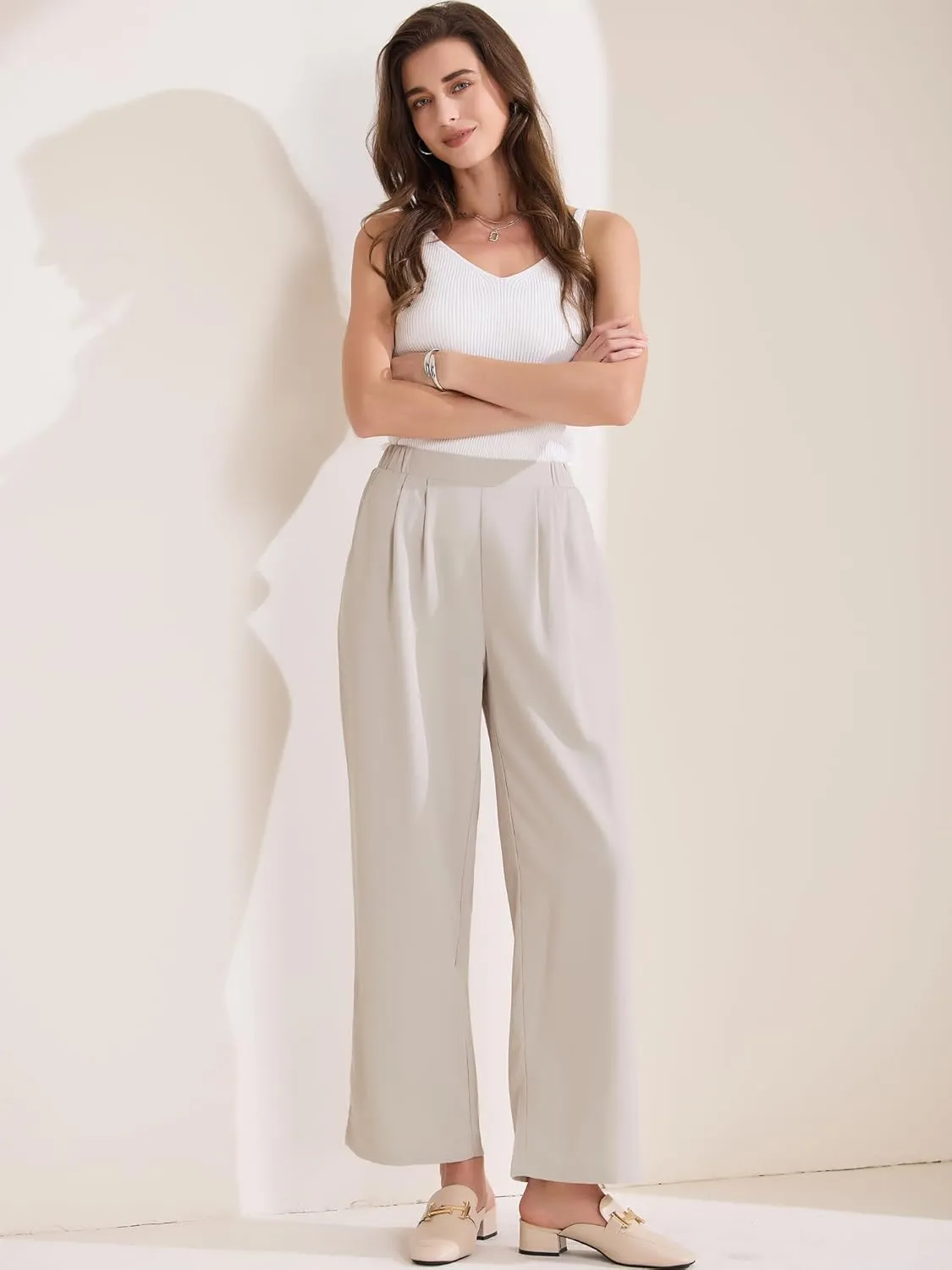 Allegra K Women's Straight Work Pant Elastic High Waist Business Casual Solid Ankle Pant Trouser