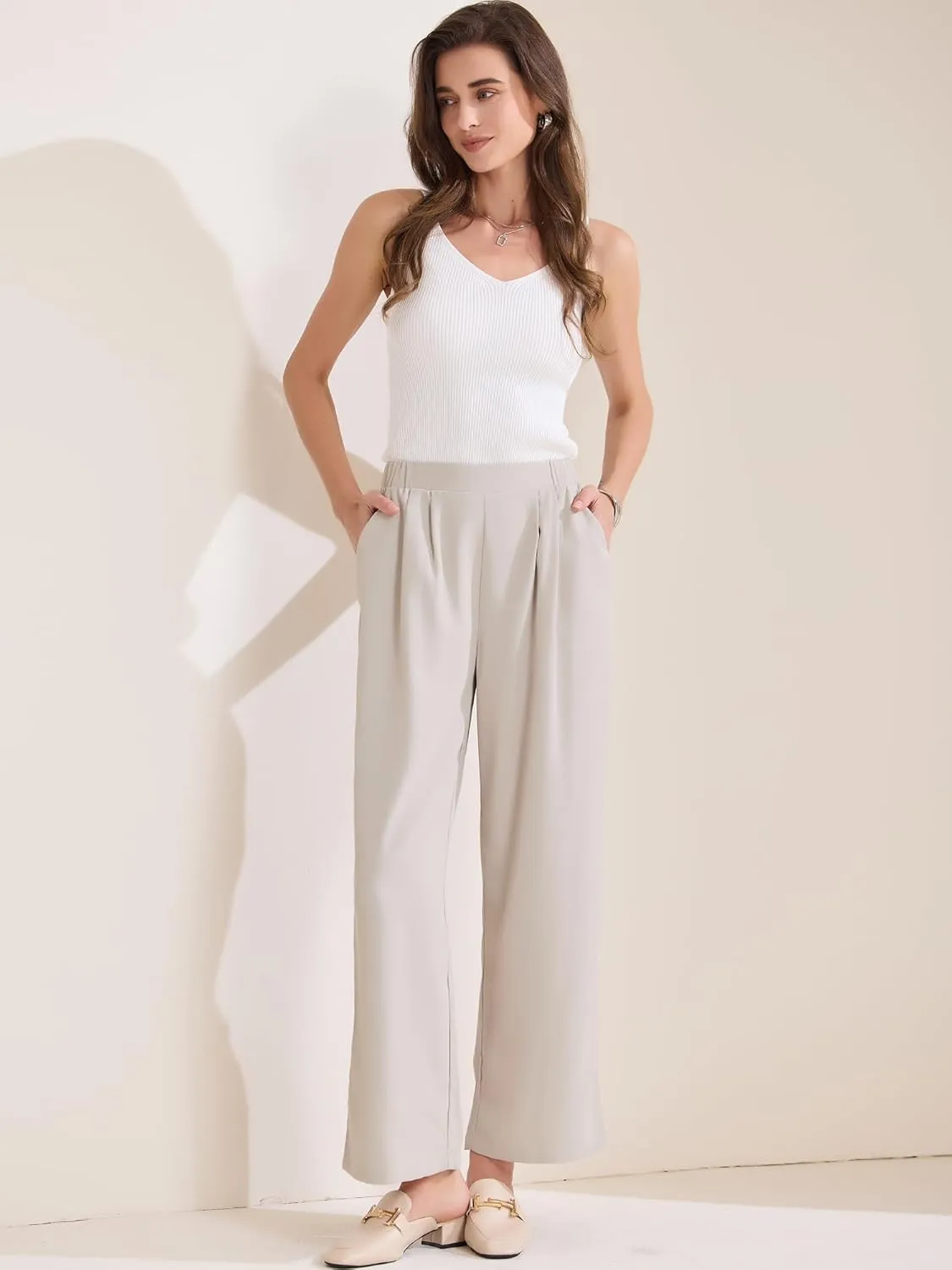 Allegra K Women's Straight Work Pant Elastic High Waist Business Casual Solid Ankle Pant Trouser