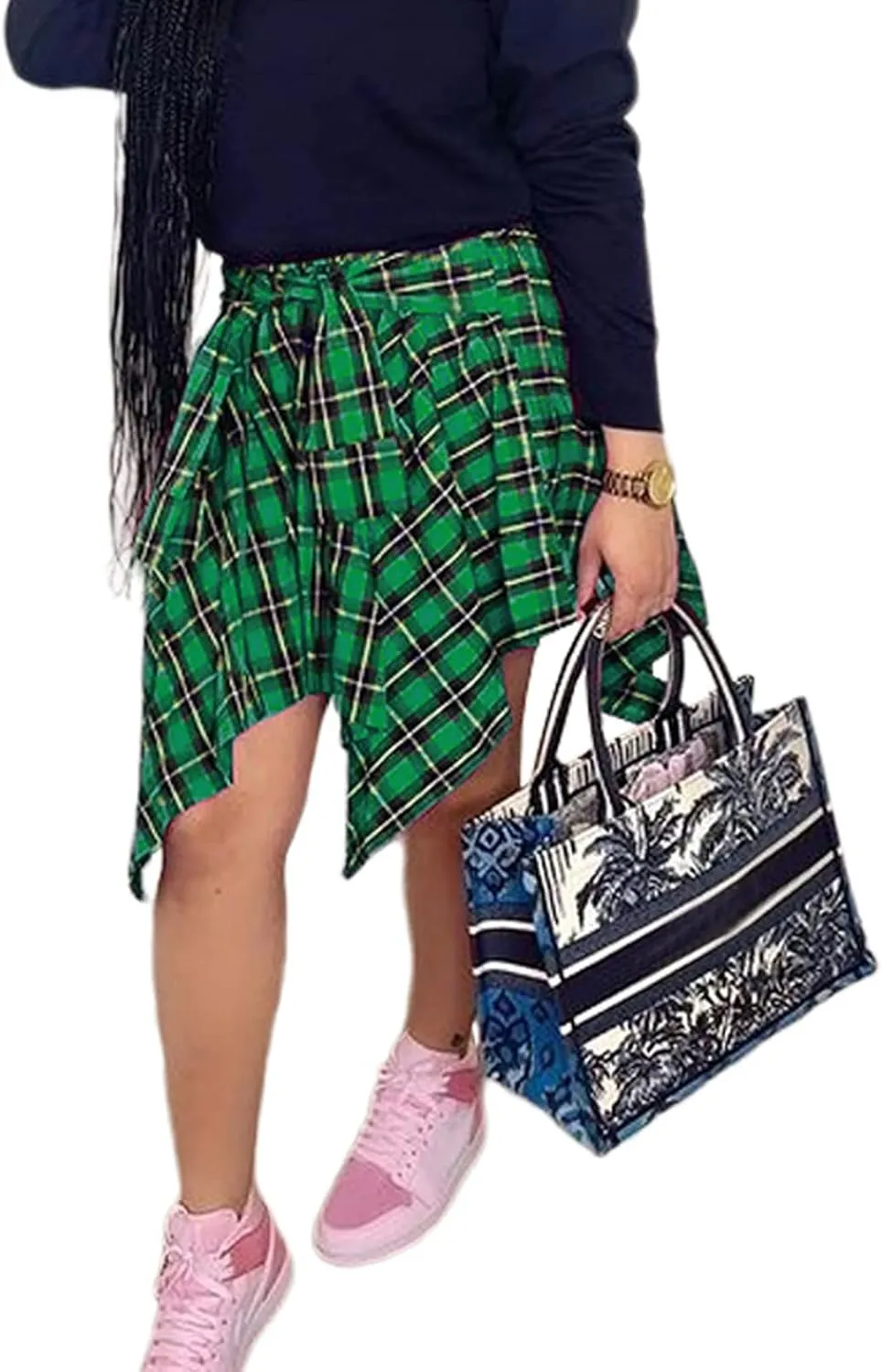 ALLUMK Women Casual Plaid Print Irregular Hem Mini Skirts High Waist A-Line Skirts with Belt