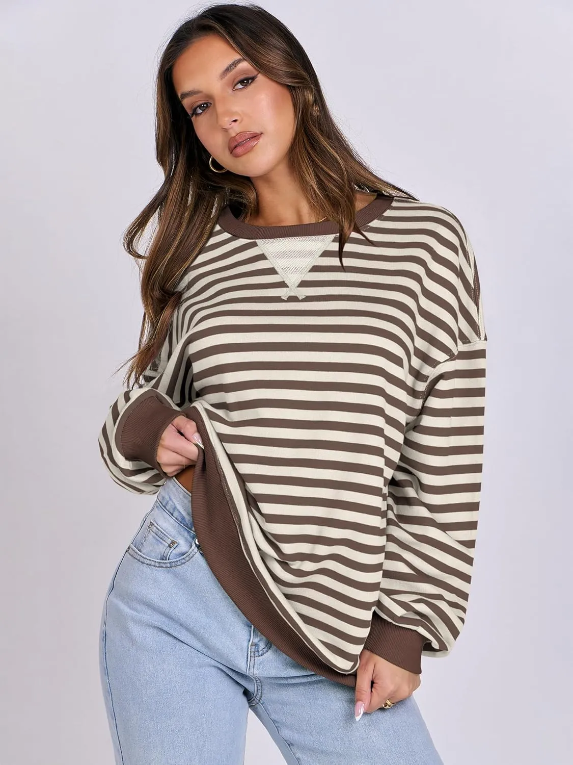 ANRABESS Women Striped Oversized Sweatshirt Crewneck Long Sleeve Shirts Hoodies 2025 Summer Fashion Pullover Top Y2K Outfits