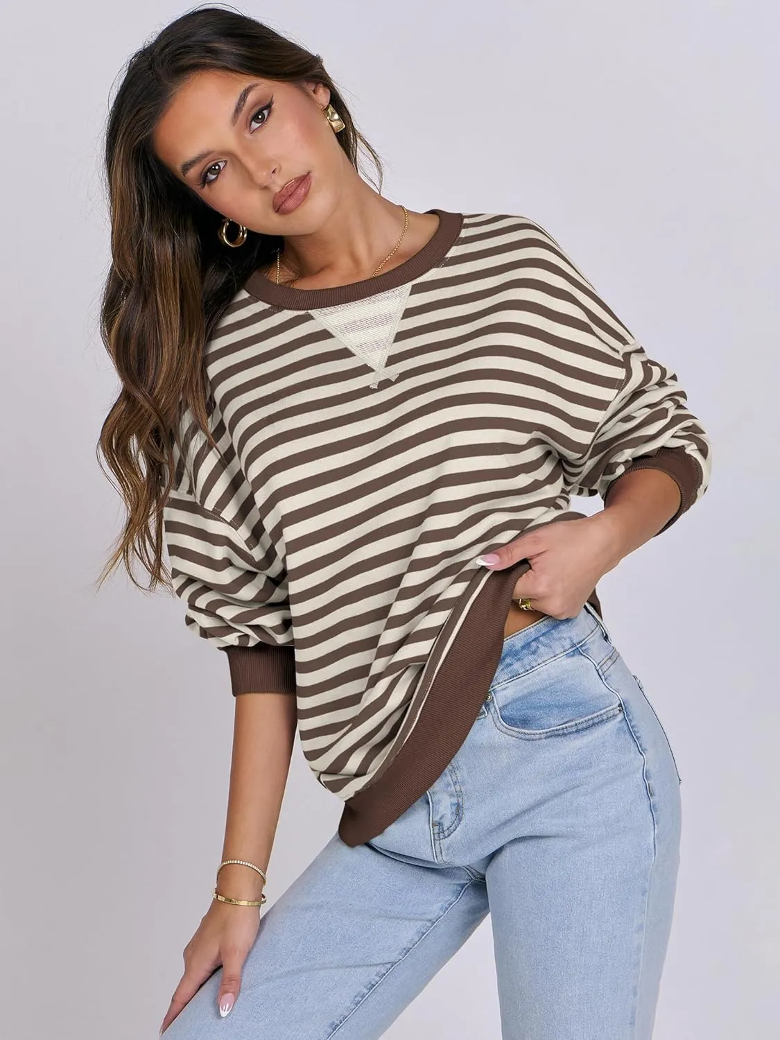 ANRABESS Women Striped Oversized Sweatshirt Crewneck Long Sleeve Shirts Hoodies 2025 Summer Fashion Pullover Top Y2K Outfits