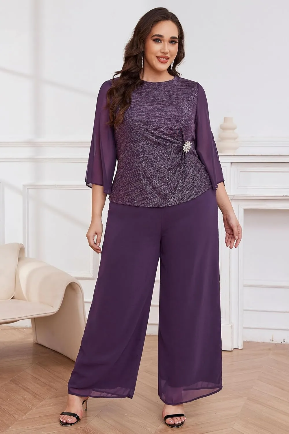 AOVDE Plus Size Pant Suits Mother of Bride Dressy Pant Suits 2 Piece Outfits with Pockets for Women Wedding Guest