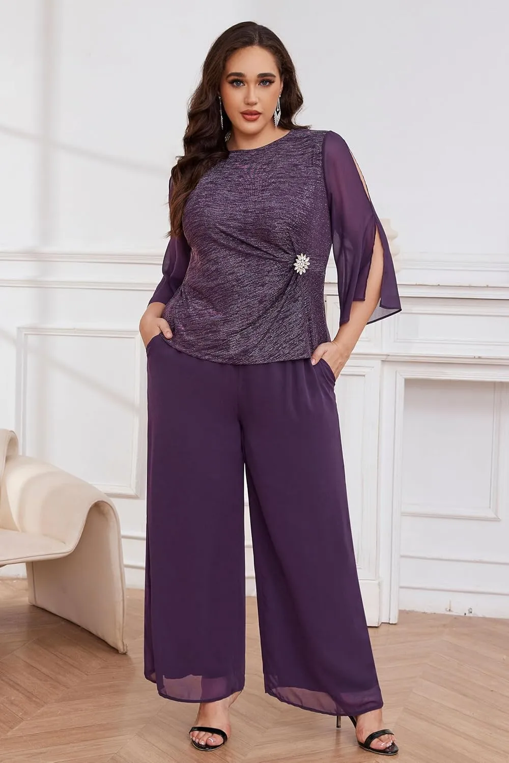 AOVDE Plus Size Pant Suits Mother of Bride Dressy Pant Suits 2 Piece Outfits with Pockets for Women Wedding Guest