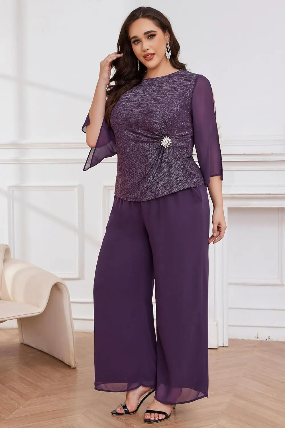 AOVDE Plus Size Pant Suits Mother of Bride Dressy Pant Suits 2 Piece Outfits with Pockets for Women Wedding Guest