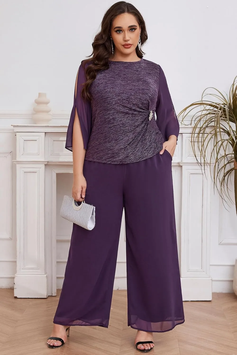 AOVDE Plus Size Pant Suits Mother of Bride Dressy Pant Suits 2 Piece Outfits with Pockets for Women Wedding Guest