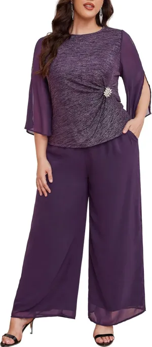 AOVDE Plus Size Pant Suits Mother of Bride Dressy Pant Suits 2 Piece Outfits with Pockets for Women Wedding Guest