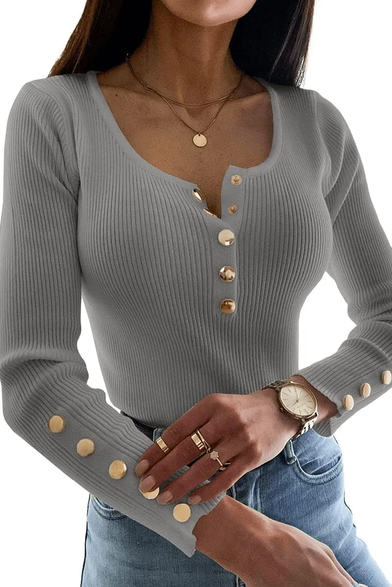 Apbondy Womens Sexy Long Sleeve Sweater Scoop Neck Button Up Fitted Pullover Shirts Tops
