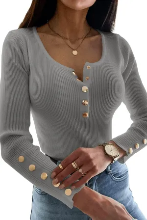 Apbondy Womens Sexy Long Sleeve Sweater Scoop Neck Button Up Fitted Pullover Shirts Tops