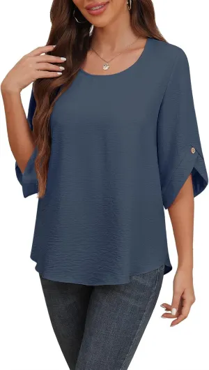 Askyes Women's 2025 Summer Chiffon Blouses Bell Short Sleeve Tshirts Casual Loose Flowy Dressy Work Tops for Leggings Blouse