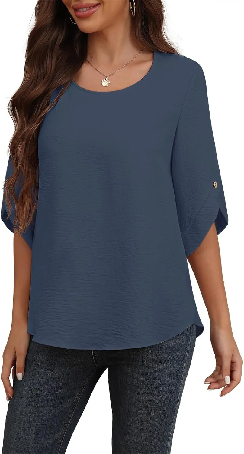 Askyes Women's 2025 Summer Chiffon Blouses Bell Short Sleeve Tshirts Casual Loose Flowy Dressy Work Tops for Leggings Blouse