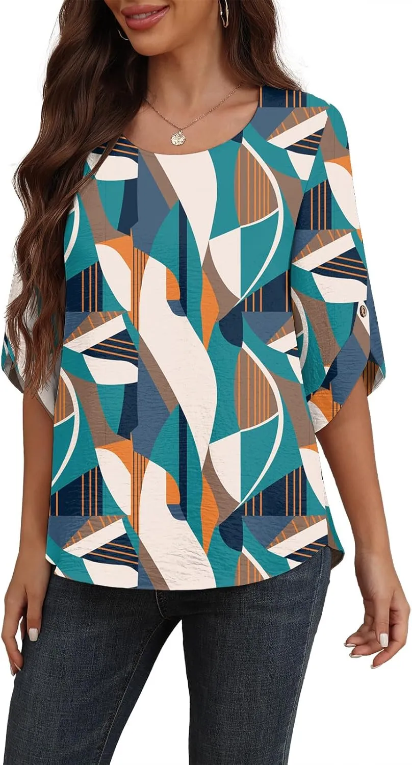 Askyes Women's 2025 Summer Chiffon Blouses Bell Short Sleeve Tshirts Casual Loose Flowy Dressy Work Tops for Leggings Blouse