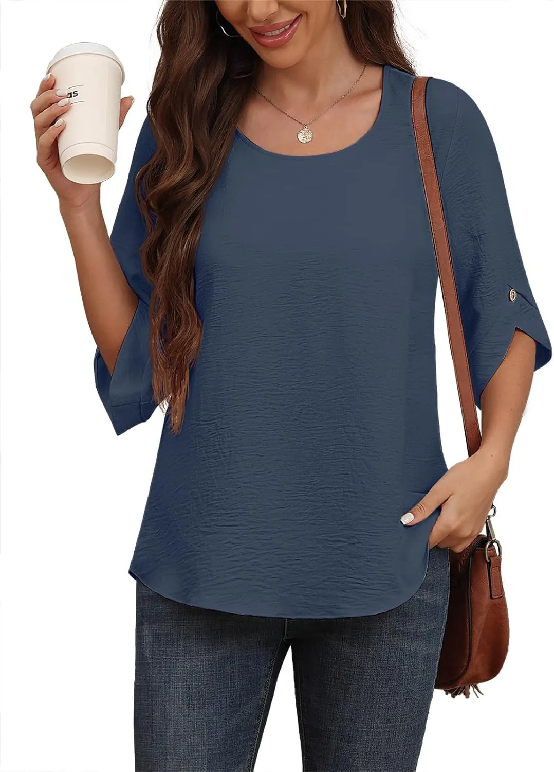 Askyes Women's 2025 Summer Chiffon Blouses Bell Short Sleeve Tshirts Casual Loose Flowy Dressy Work Tops for Leggings Blouse