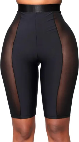 Atyfuniby Womens Sexy High Waisted Mesh See Through Skinny Shorts Leggings Club Streetwear