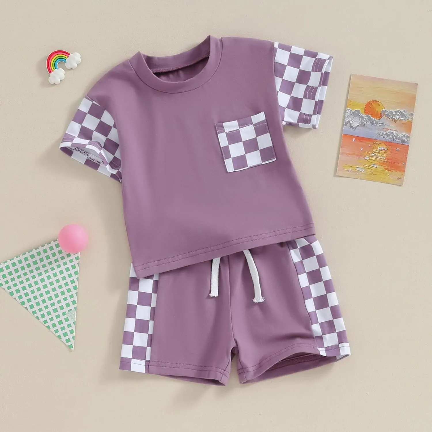 Baby Boy Girl Summer Outfits Checkerboard Short Sleeve T-Shirt Elastic Waist Shorts Set Toddler Checkered Outfit