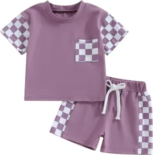 Baby Boy Girl Summer Outfits Checkerboard Short Sleeve T-Shirt Elastic Waist Shorts Set Toddler Checkered Outfit