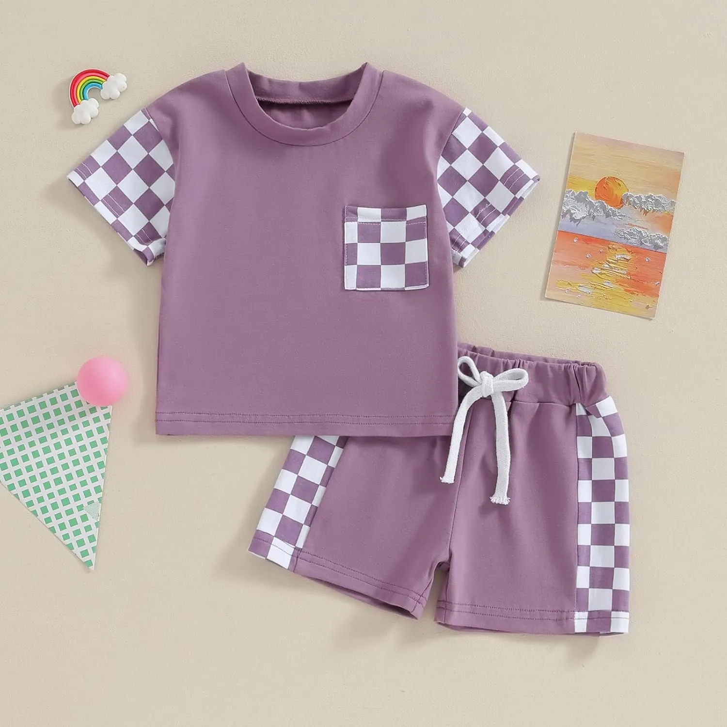 Baby Boy Girl Summer Outfits Checkerboard Short Sleeve T-Shirt Elastic Waist Shorts Set Toddler Checkered Outfit