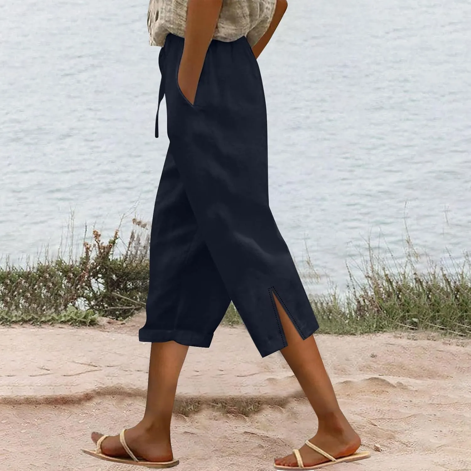 Baggy Linen Pants Women Summer Boho Lightweight High Waist Palazzo Pant Loose Comfy Straight Leg Pants with Pockets