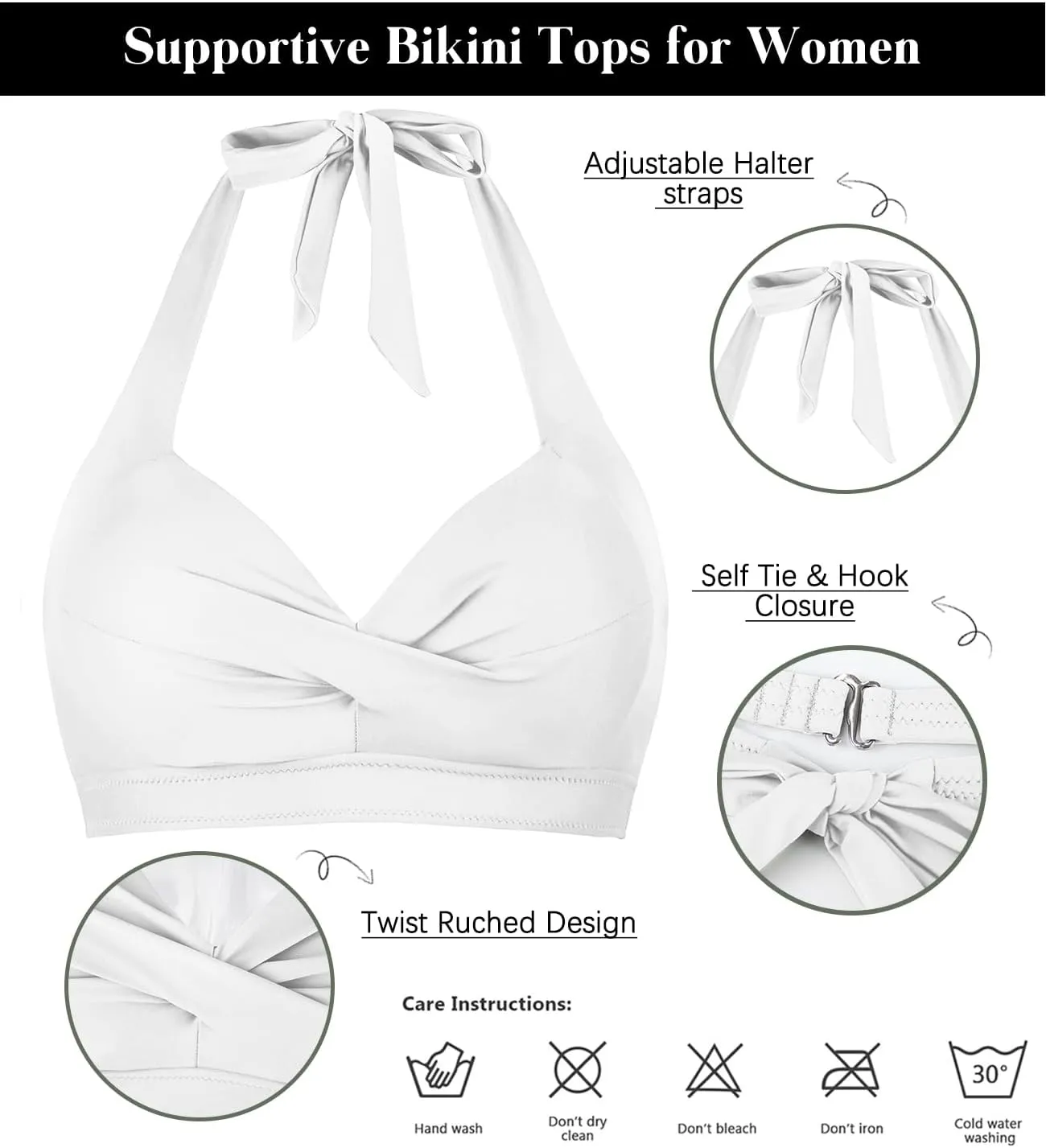 Balasami Women's Vintage 50s Halter Neck Tie Knot Back Soft Molded Padding Bikini Top Swimsuit Bathing Suit Tops Only